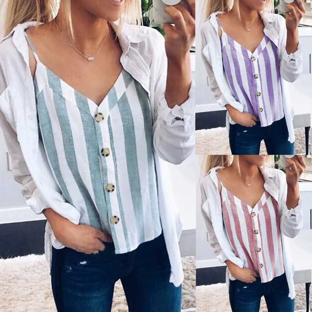 Patchwork Striped V Neck Button Up Cami Top