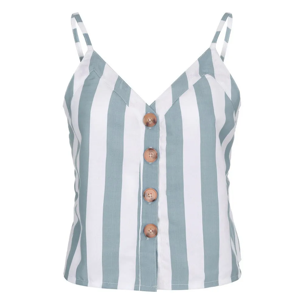 Patchwork Striped V Neck Button Up Cami Top