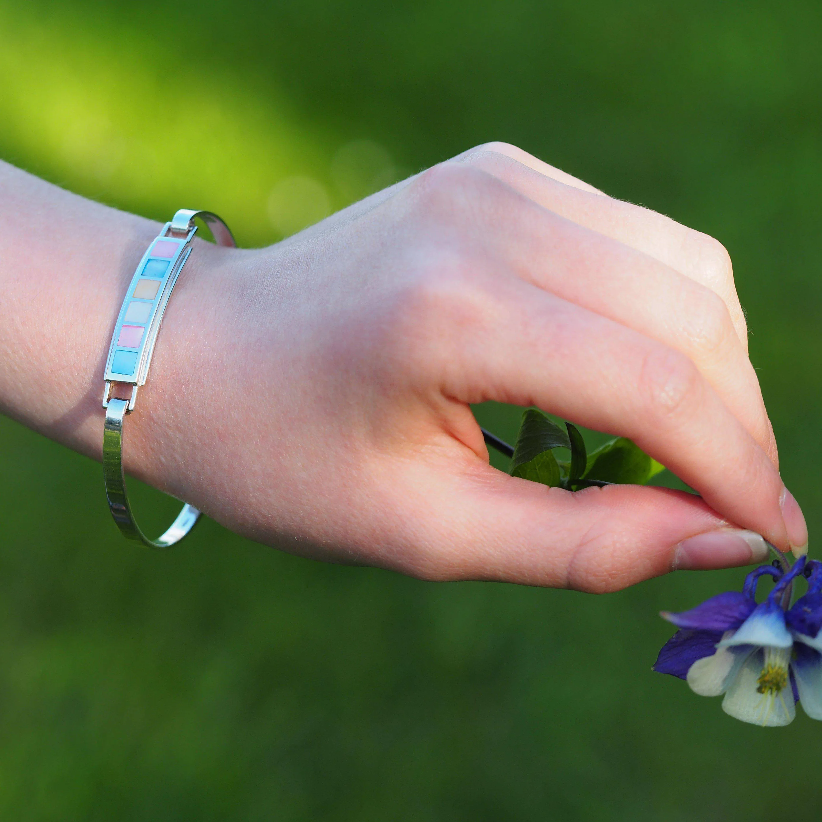 Personalised Sterling Silver Pink Blue Mother of Pearl Bangle