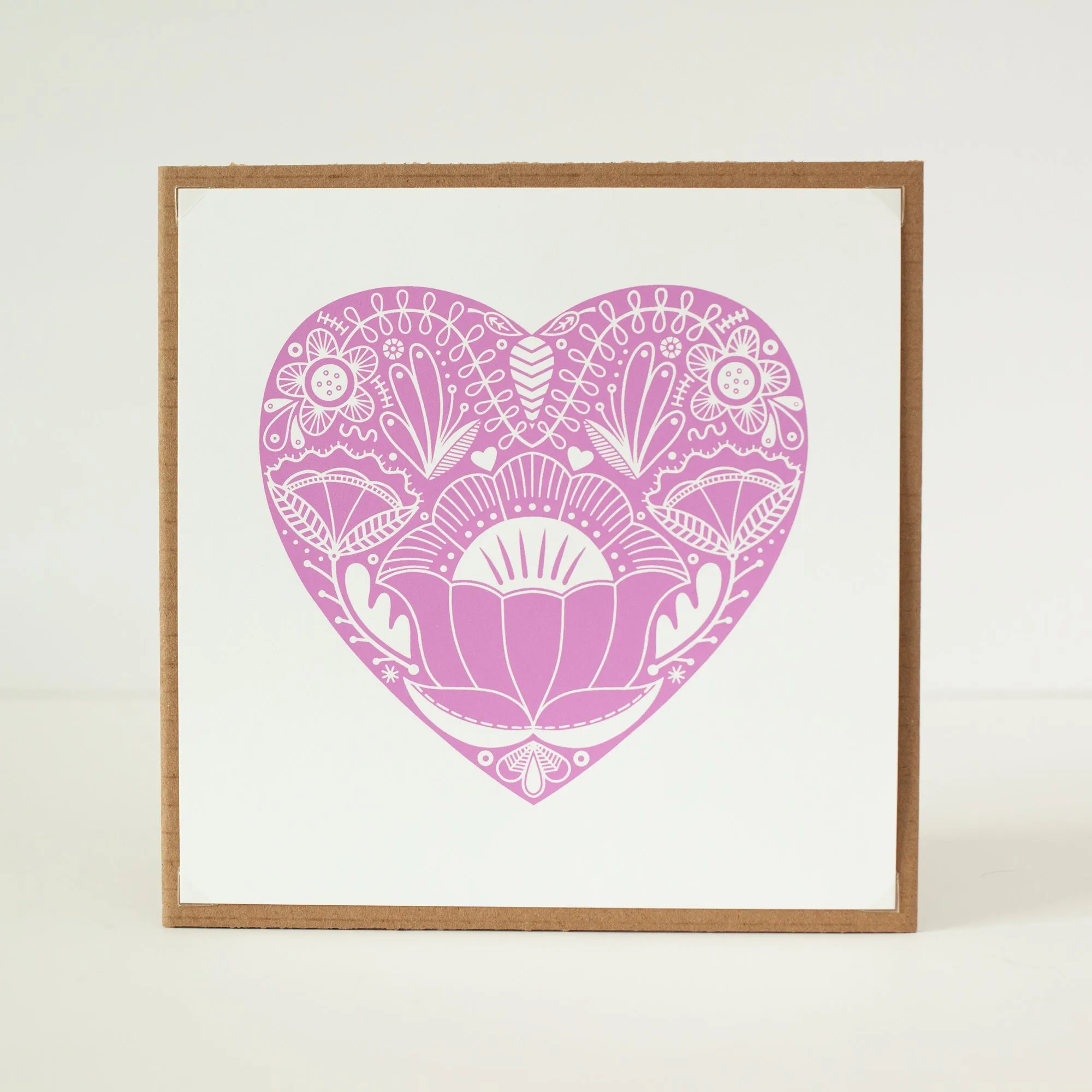 pink folk art heart art print with floral details