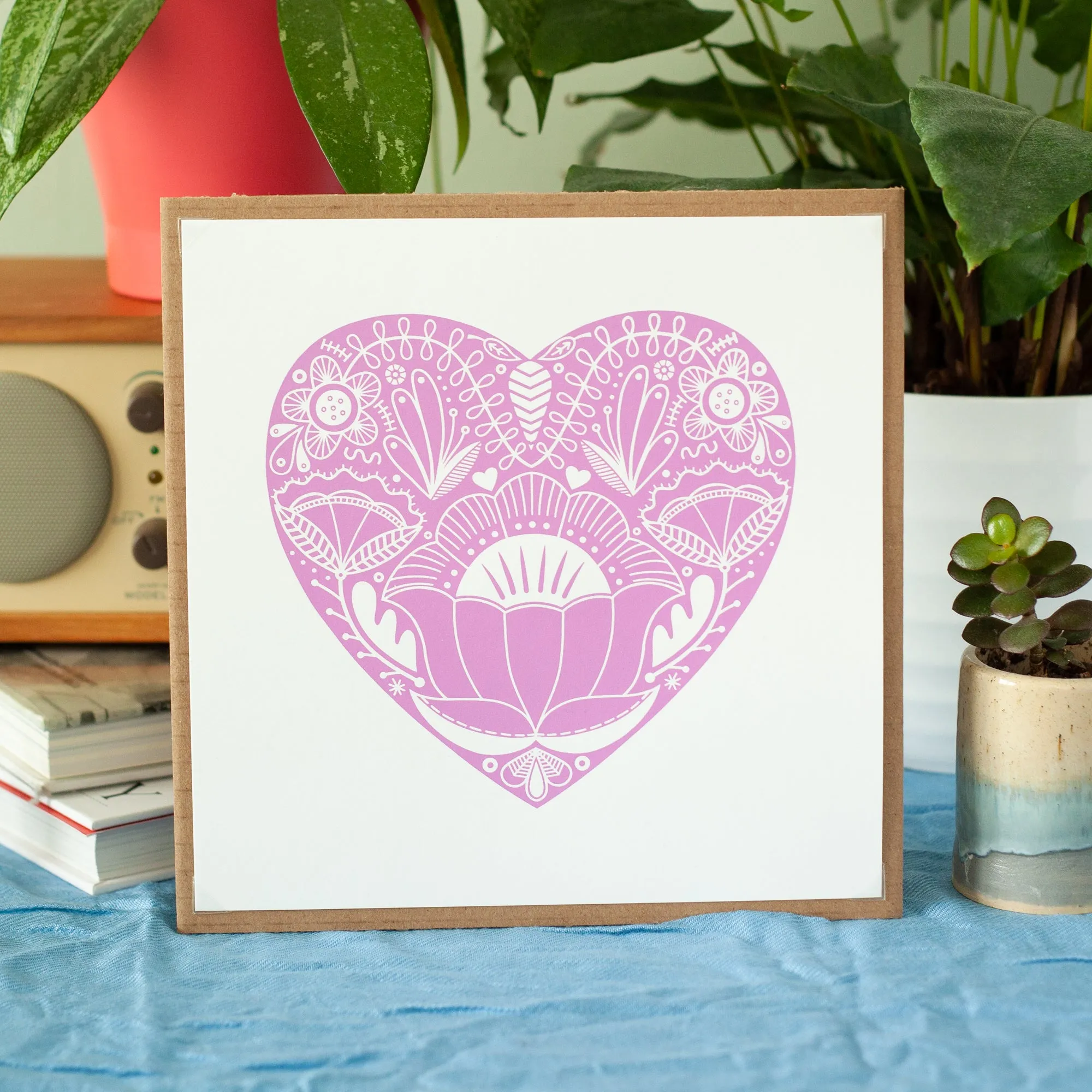 pink folk art heart art print with floral details