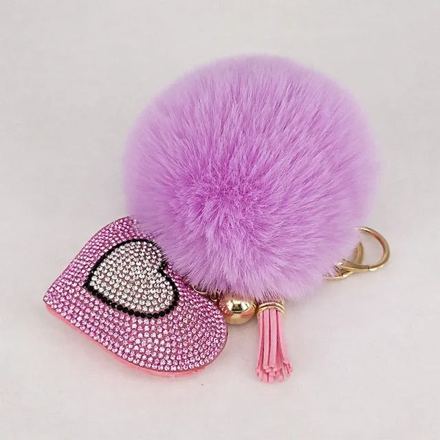 Pompom Keychain Rhinestone Heart Women's Bags Key Ring Handmade Accrssories Keychains Pendants Charming Suspension Decoration