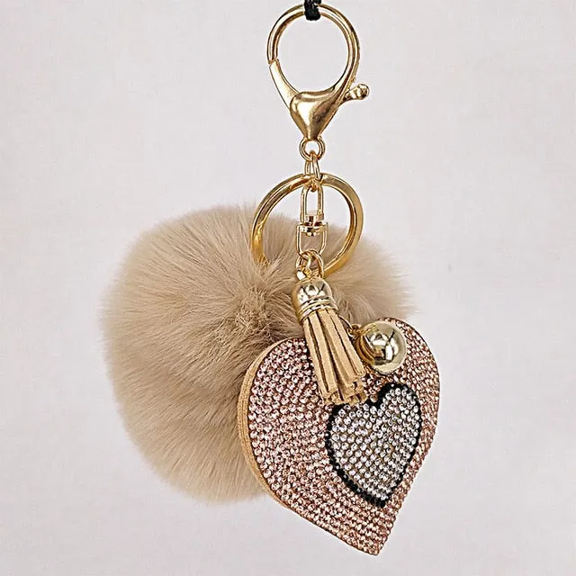 Pompom Keychain Rhinestone Heart Women's Bags Key Ring Handmade Accrssories Keychains Pendants Charming Suspension Decoration