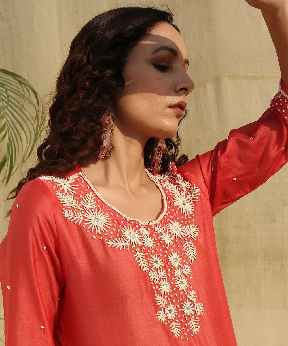 Red hand embroidered chanderi silk kurta set of -2