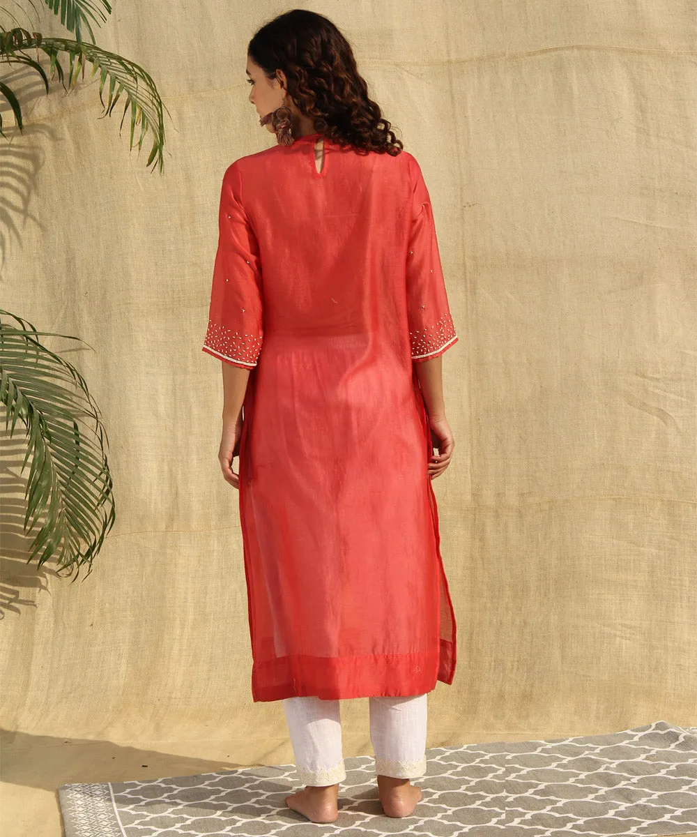 Red hand embroidered chanderi silk kurta set of -2