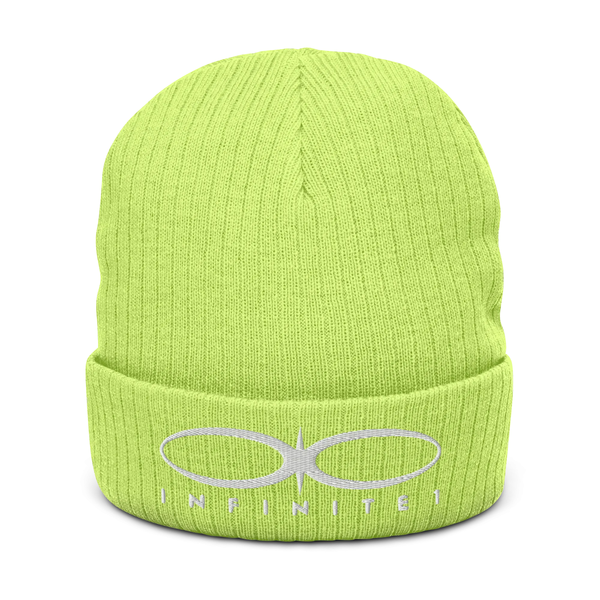 Ribbed Logo Over Text Acid Green Knit Beanie