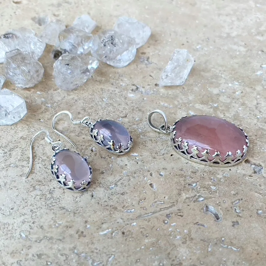 Rose Quartz Pendant & Earring Set - Lace