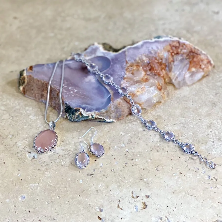 Rose Quartz Pendant & Earring Set - Lace