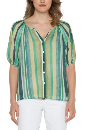 SHORT SLV BUTTON FRONT SHIRRED WOVEN TOP