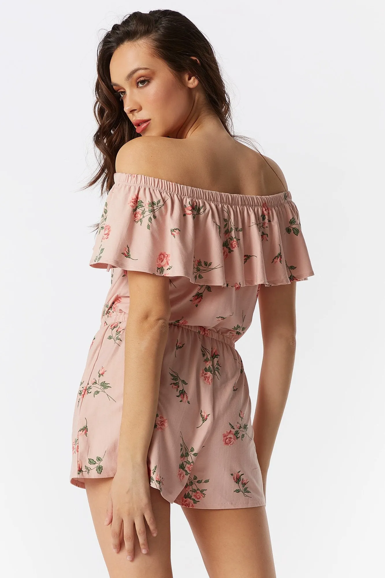 Soft Pink Floral Ruffle Off The Shoulder Romper