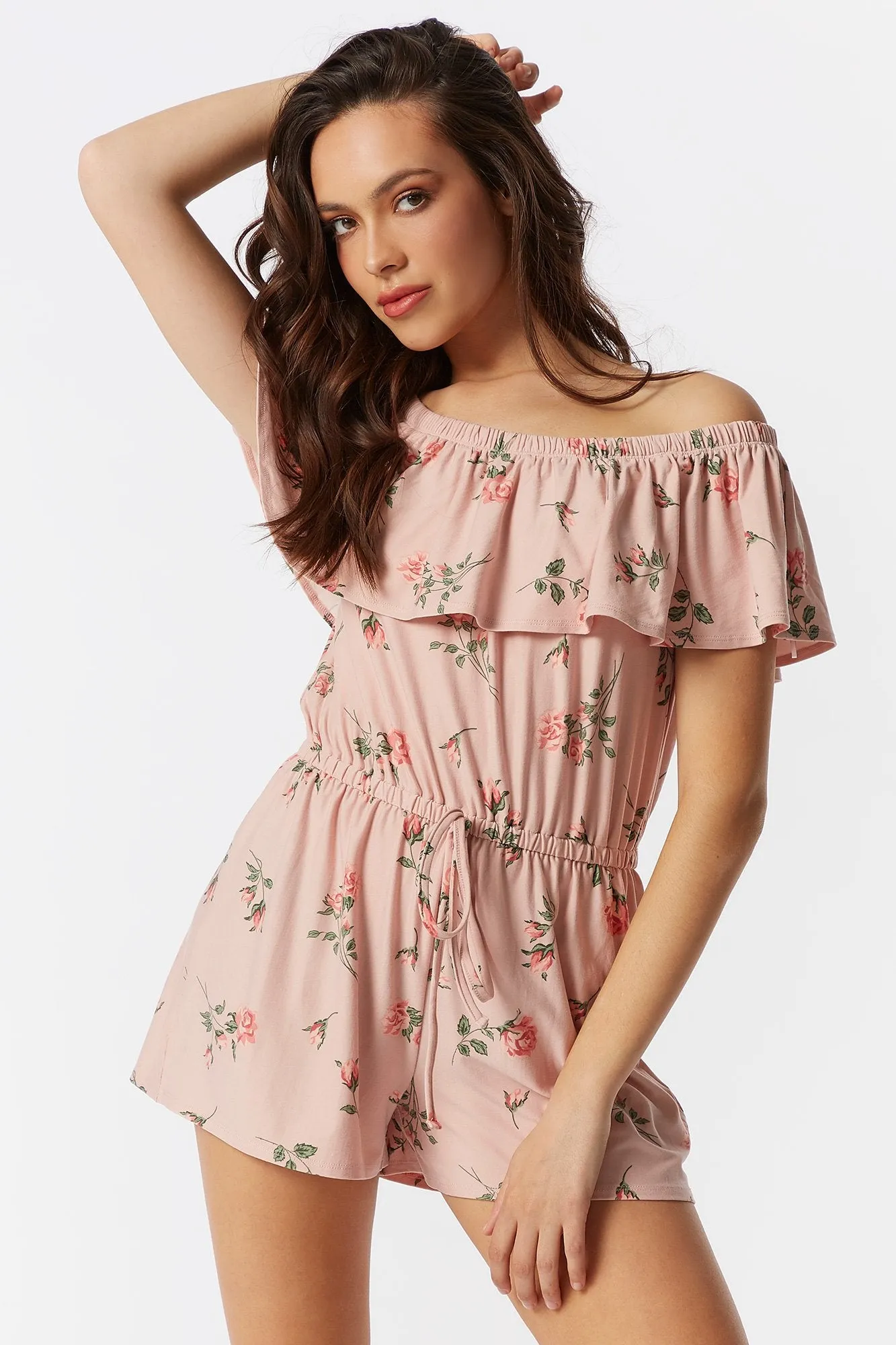 Soft Pink Floral Ruffle Off The Shoulder Romper