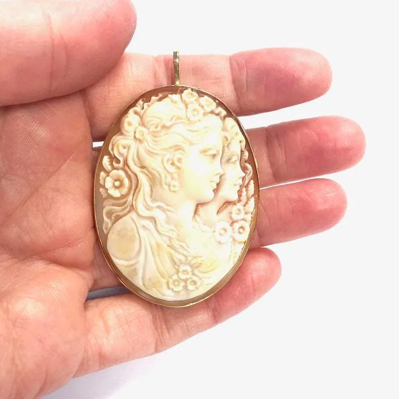 Vintage 14K Gold Carved Shell Cameo Pin Pendant