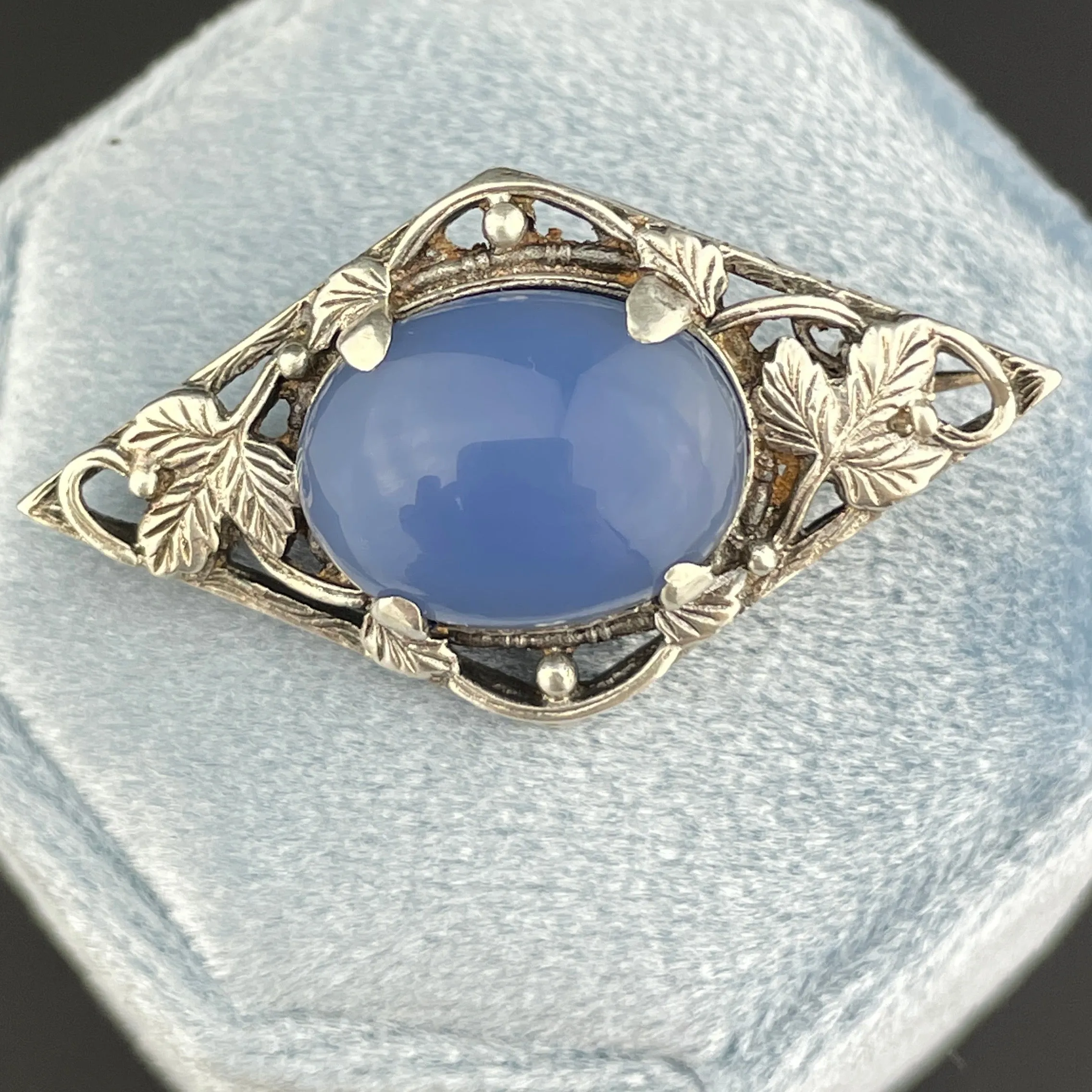 Vintage Arts and Crafts Silver Leaf Chalcedony Brooch