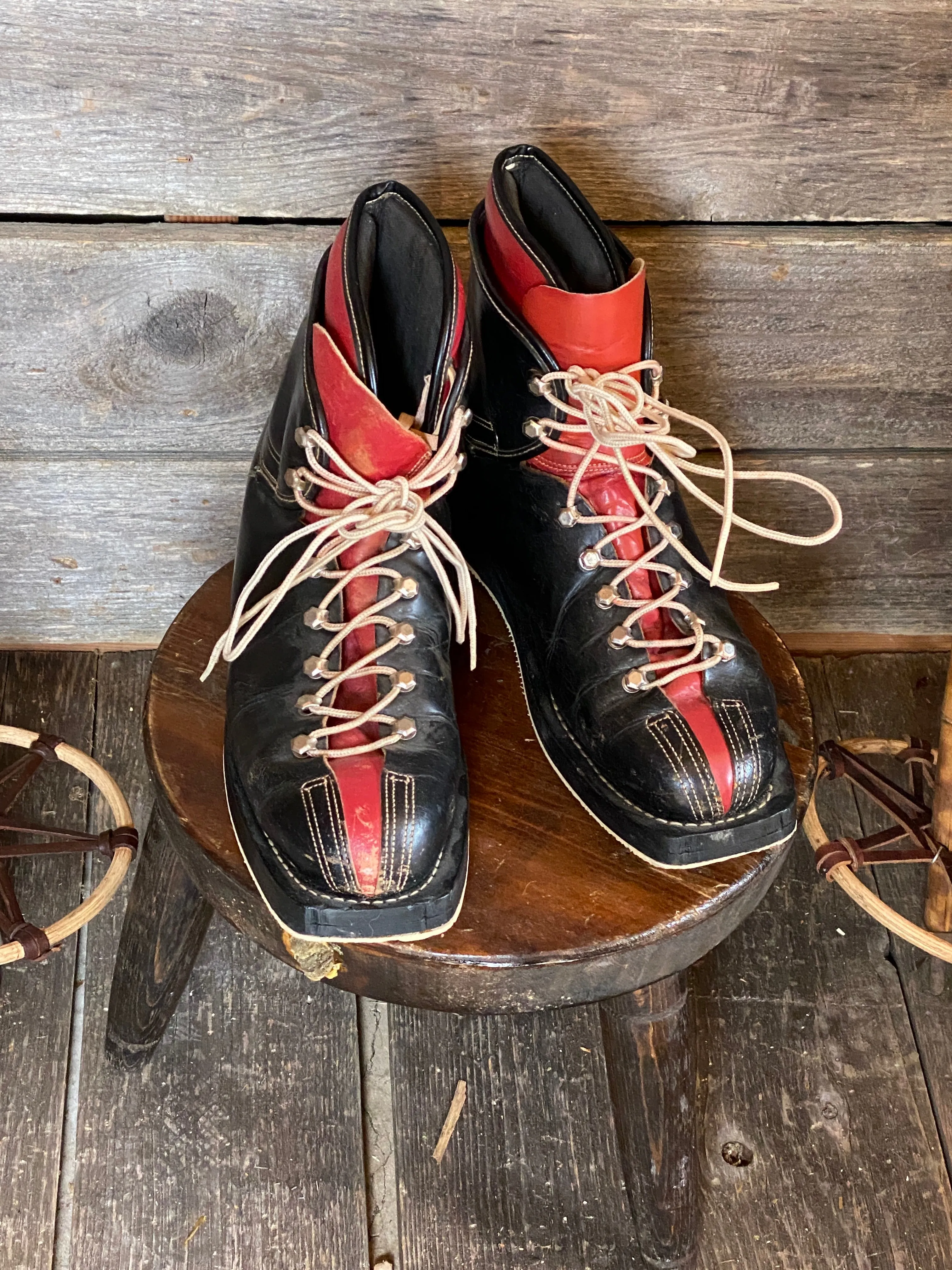 Vintage Black/Red Leather Ski Boots