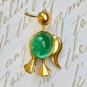 Vintage French 18K Yellow Gold Emerald Bird Brooch