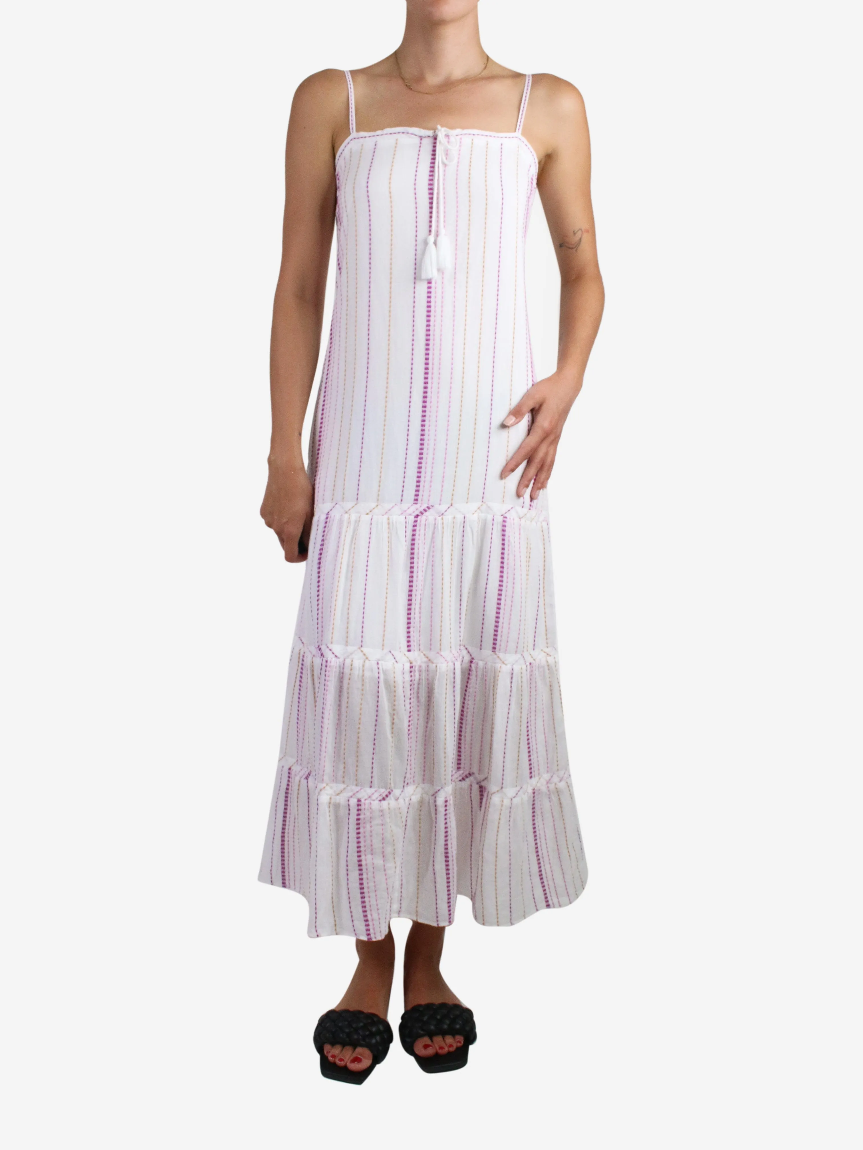 White pinstripe embroidered strap dress - size S