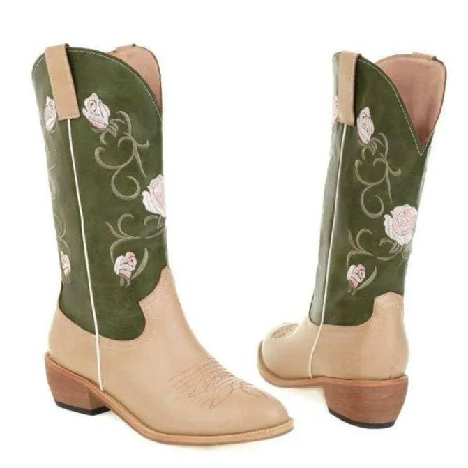 Women's Embroidery Mid-calf Riding Western Cowboy Boots